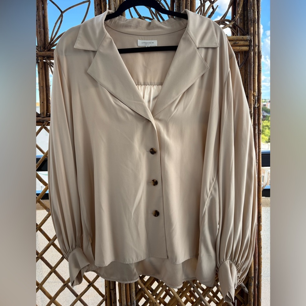 Lafayette 148 New York Cream Silk Button-Up Blouse
